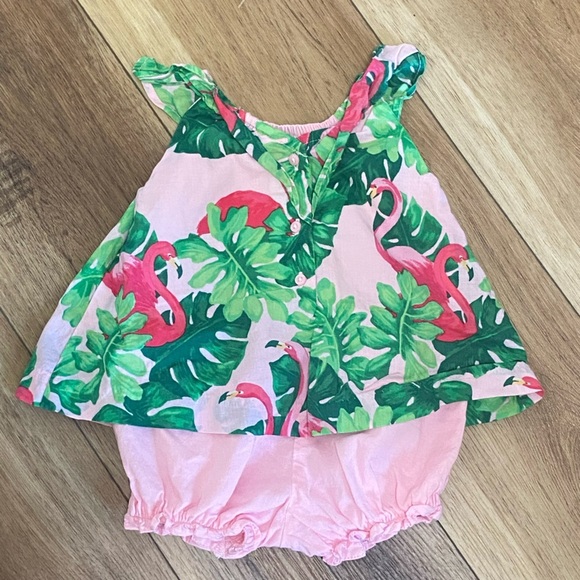 Janie & Jack 3-6 month tropical flamingo print ruffle romper - Picture 4 of 5